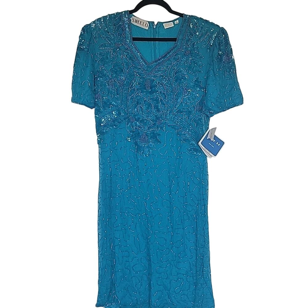 NWT Swee Lo Vintage 80s Deadstock Silk Beaded Turquoise Dress, L (10-12)